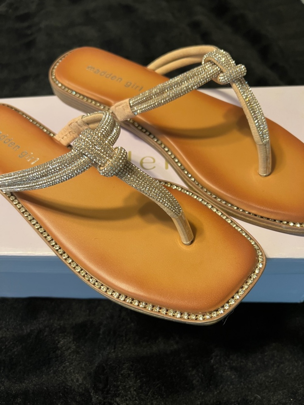 Madden Girl Gold Beaded Knot Toe-Post Sandals with Rhinestone Trim